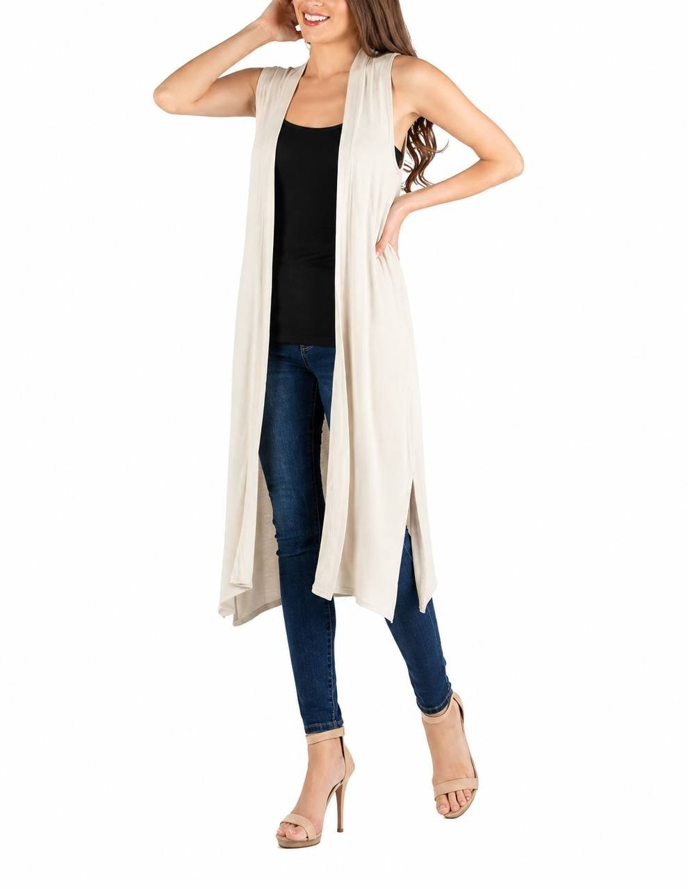 24seven Comfort Apparel Long Side-Slit Cardigan Vest Oatmeal XL NWT $59.99