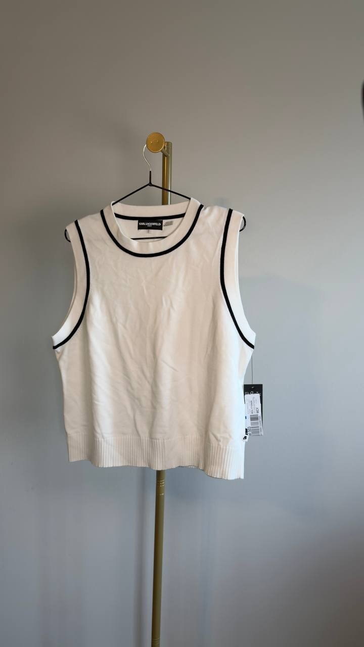 Karl Lagerfeld Paris Contrast Trim Sleeveless Sweater White XL NWT $69