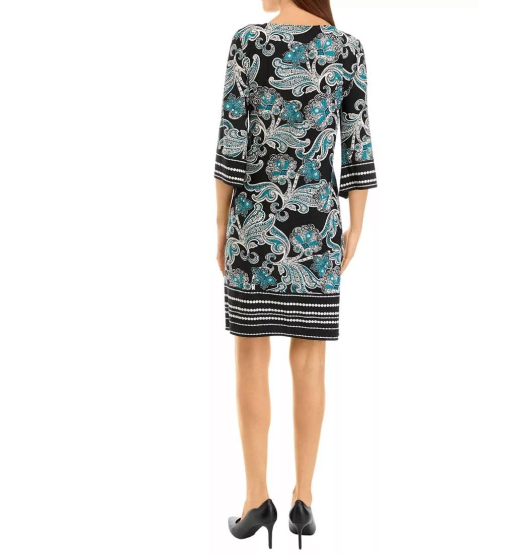 Sandra Darren Paisley Shift Dress Black/Turquoise Size L NWT $79 -3/4 Sleeve