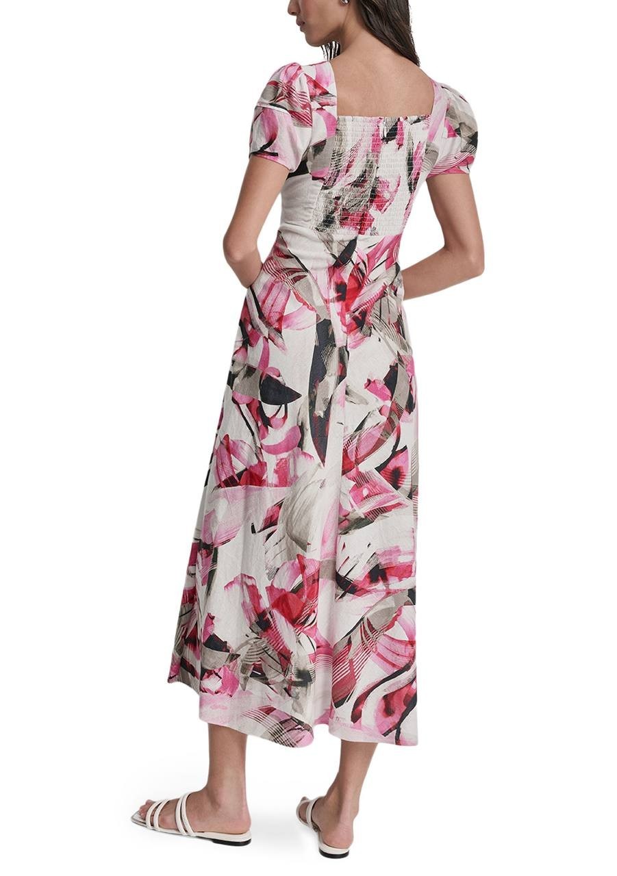 DKNY Women’s Puff Sleeve Asymmetrical Printed Dress Spring Wisteria 8 NWT $149