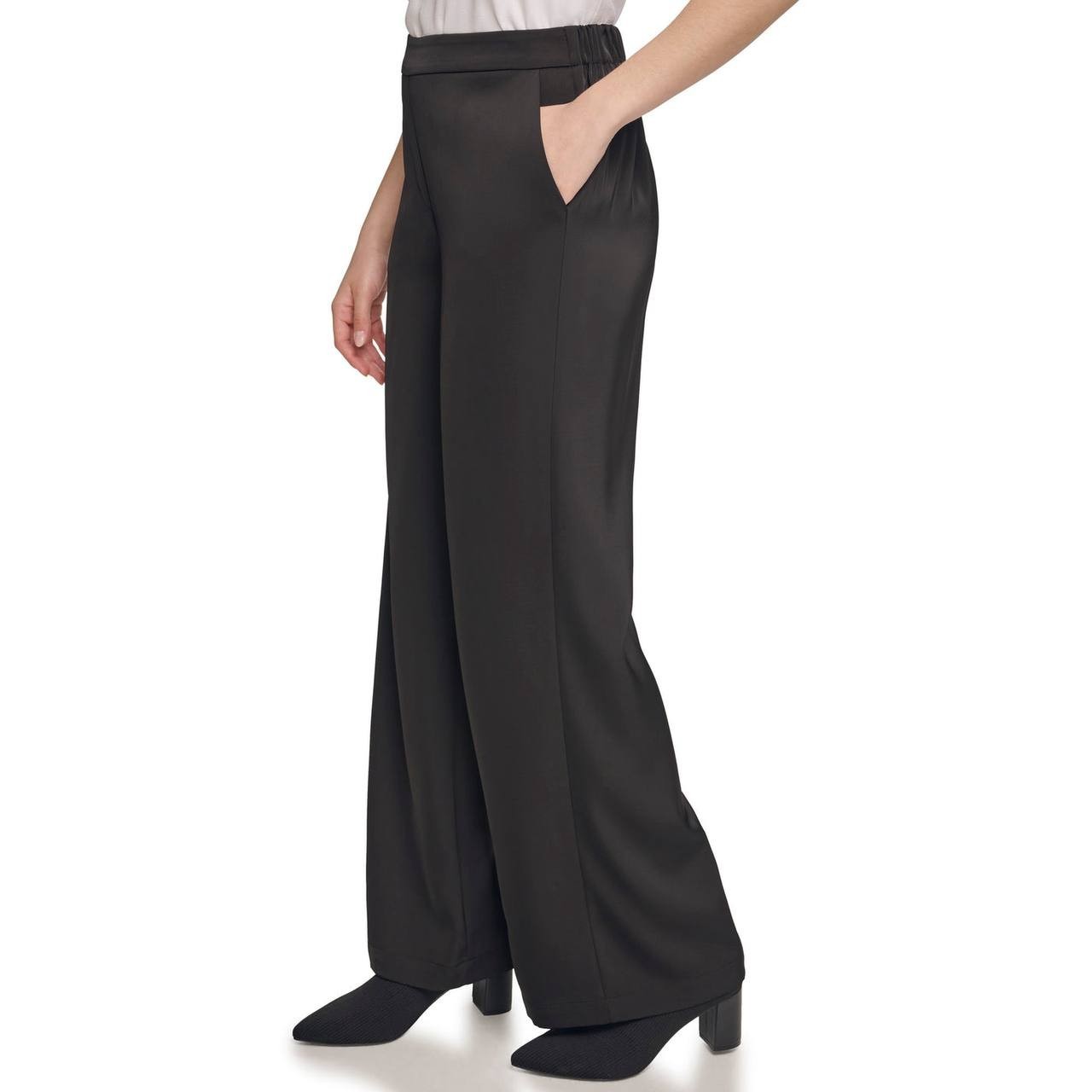 Calvin Klein Satin Back Crepe Pull-On Wide Leg Pants Black XS NWT $79