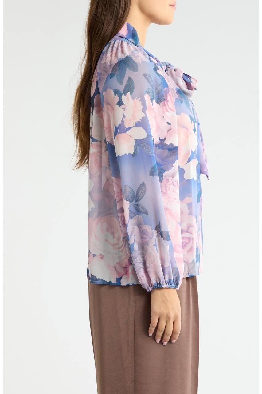 Tahari ASL Printed Ruffle Top Blue Petal Floral 1X NWT $109