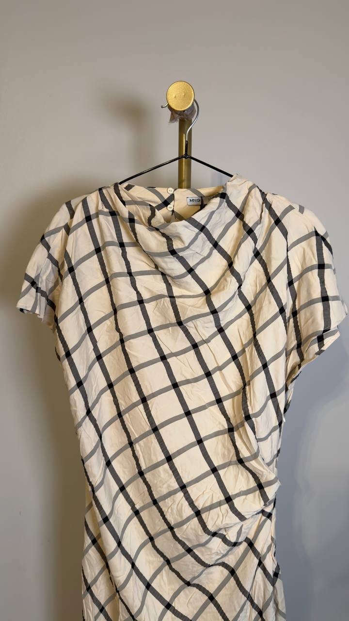 Mango Women’s Draped Neckline Checked Dress Beige XL NWT $100