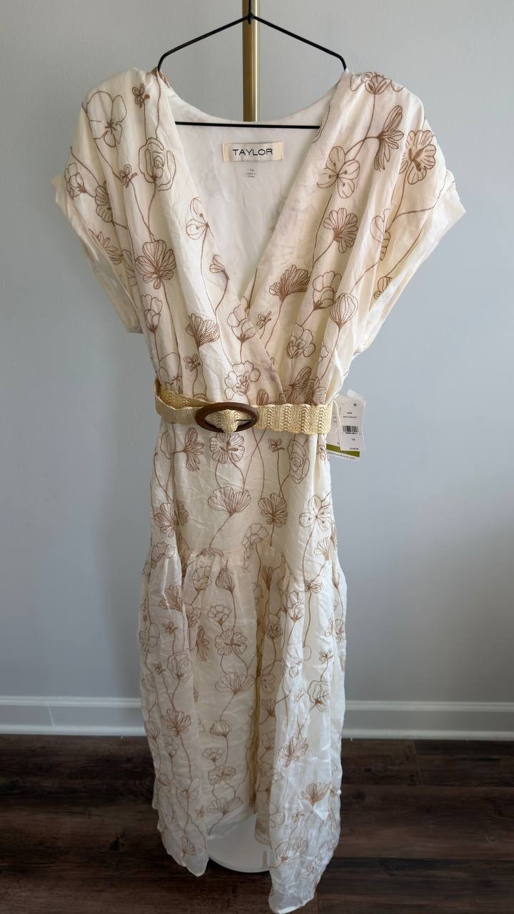 Taylor Embroidered V‑Neck Belted Dress Vanilla Walnut 14 NWT $149