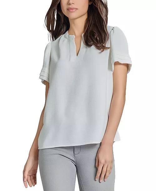 Jones New York Split Neck Puff Sleeve Blouse NYC White Petite NWT Womens