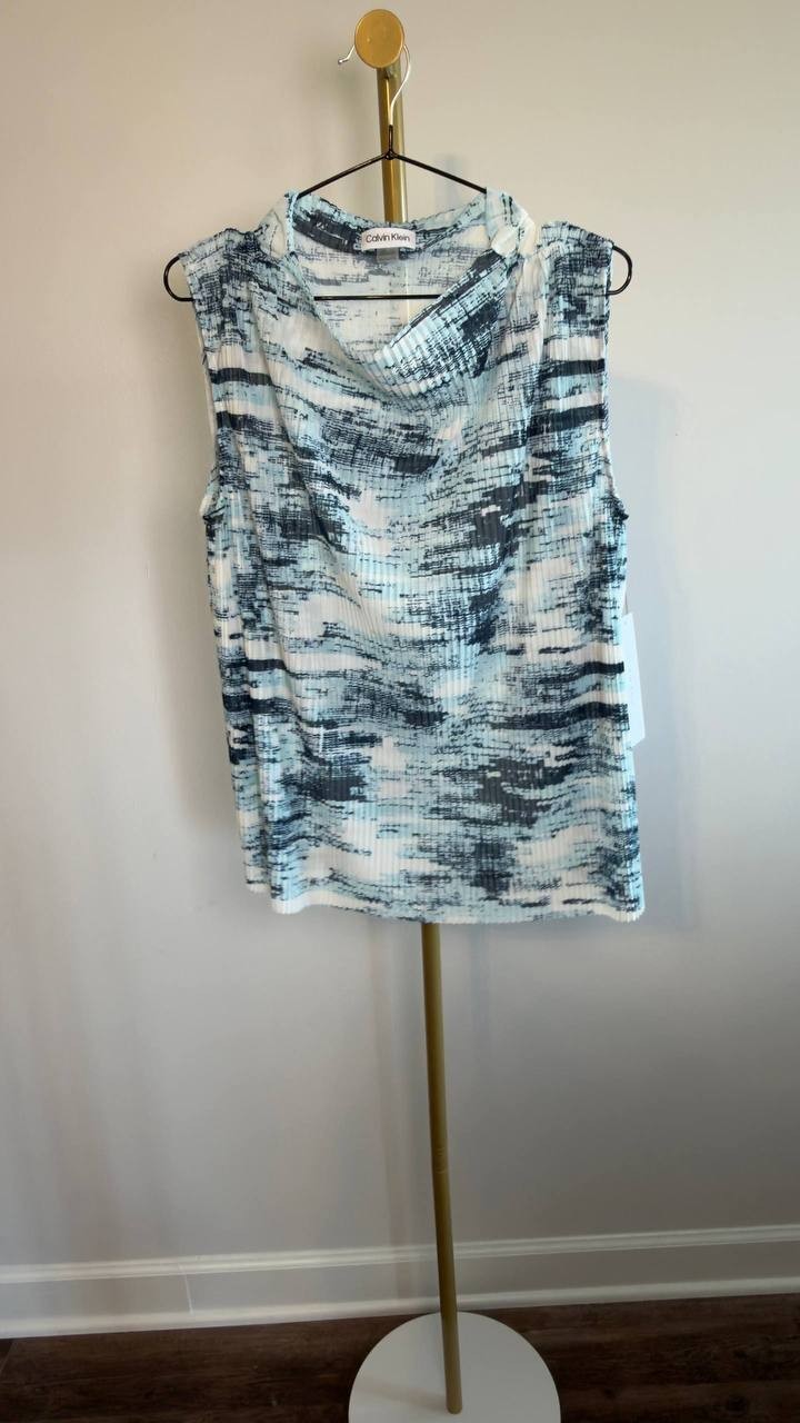 Calvin Klein Petite Printed Pleated Sleeveless Top Blue Multi PXL NWT $69