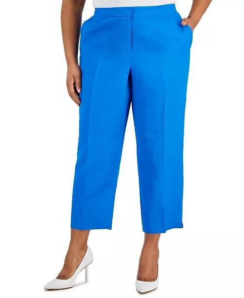 Kasper Pants 16W Blue Linen Blend Straight Leg Mid Rise Fly Front Career NWT