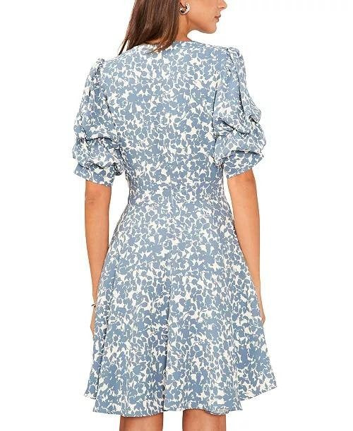 1.STATE Dress L Blue White Floral V-Neck Puff Sleeve Tiered Mini Ruffle NWT