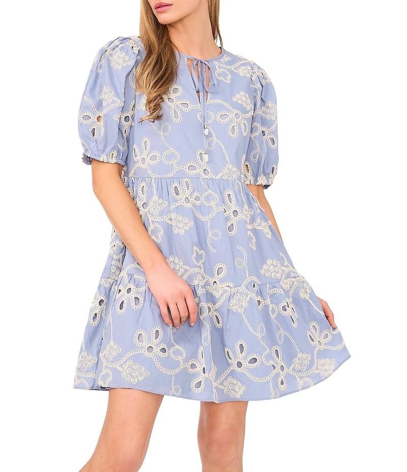 CeCe Floral‑Embroidered V‑Neck Puff‑Sleeve Tiered A‑Line Dress – Size M–NWT–$119