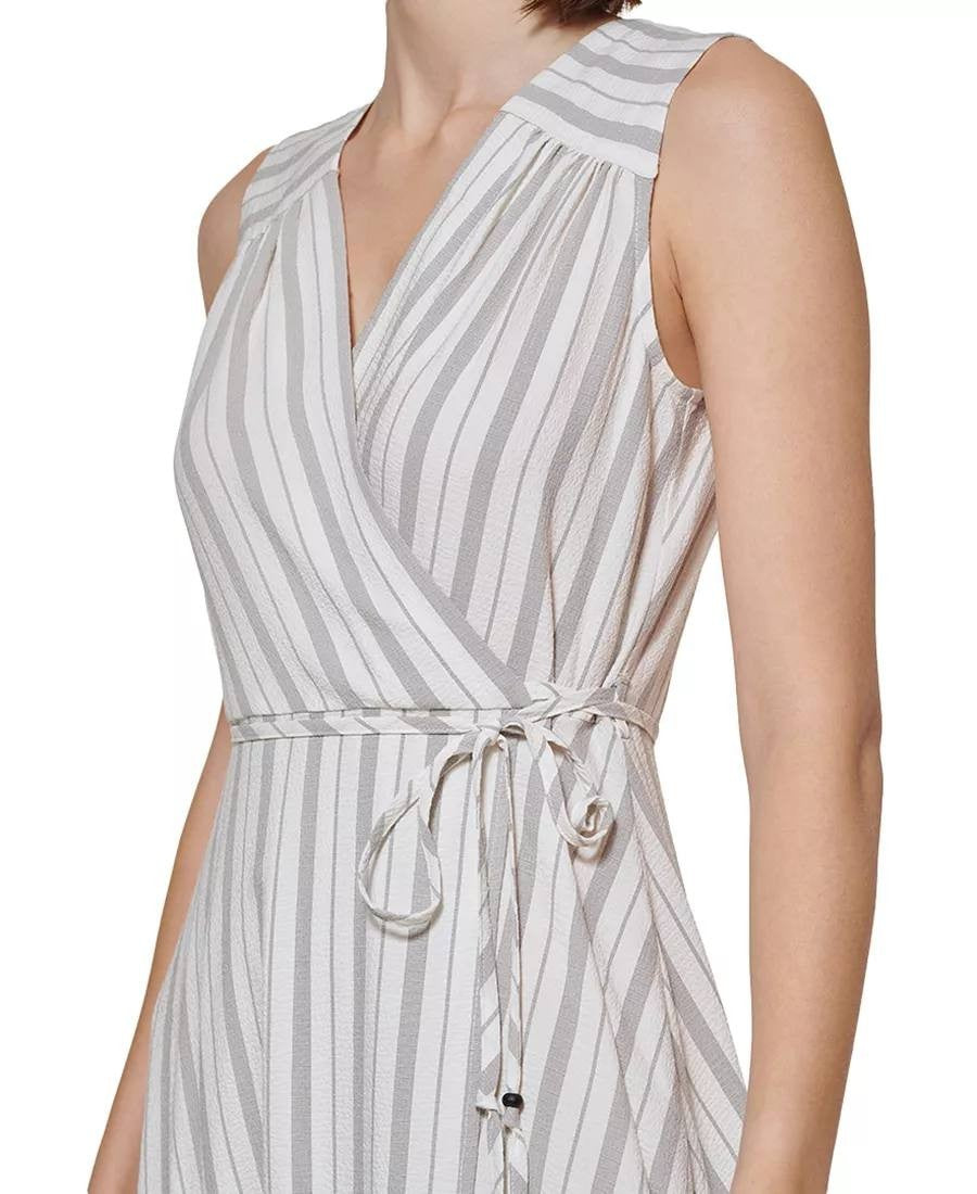 Calvin Klein White Striped Maxi Dress 8 Pre‑Owned Sleeveless Chic msrp$139
