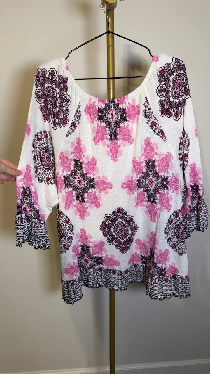 INC International Concepts Printed Flounce Peasant Top Pink Multi 2X NWOT $64.50