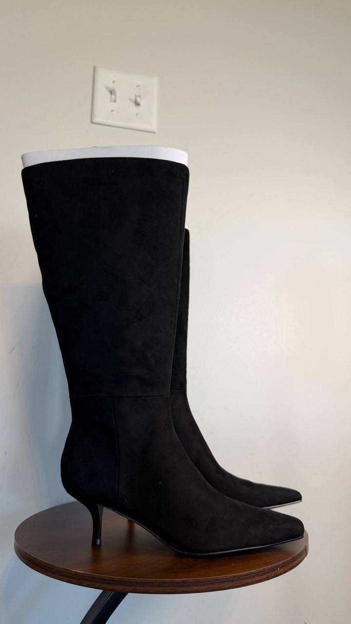 Nine West Havier Knee High Kitten Heel Boots Black 8M Wide Calf Textile $199 NWB