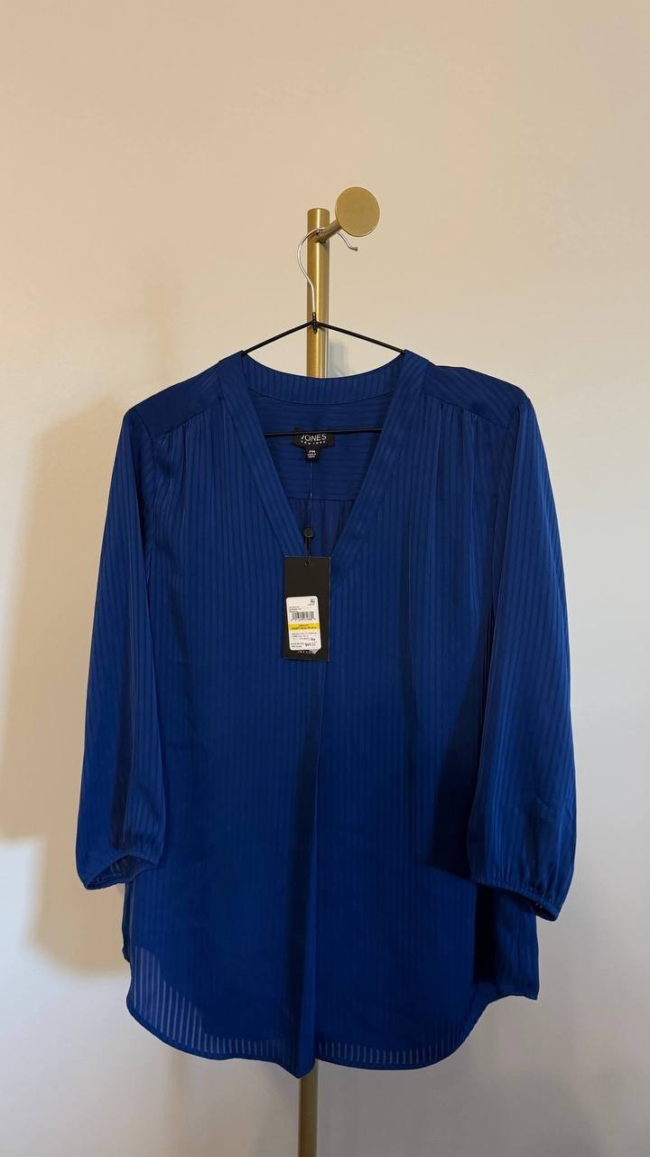 Jones New York Petite Striped Blouson‑Sleeve V‑Neck Blouse Blue PM $69.50 NWT