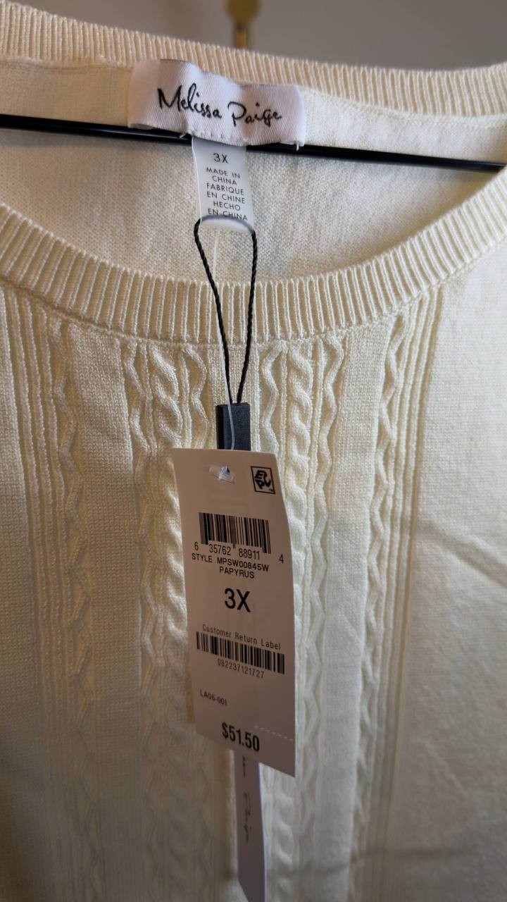 Melissa Paige Lace Front Crewneck Top Papyrus  3X NWT $51.50
