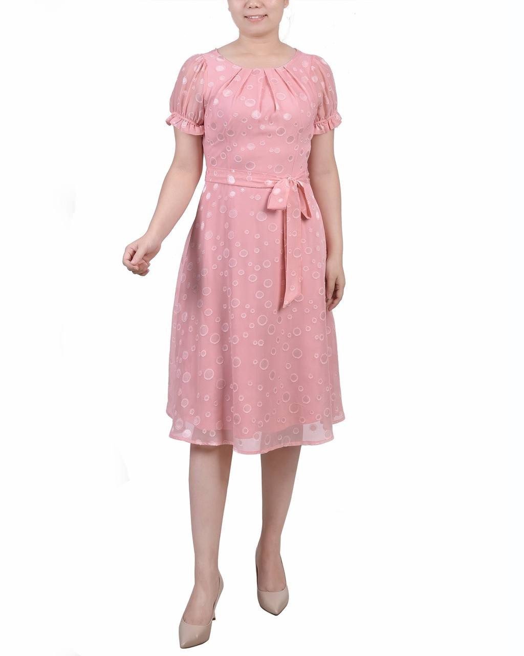 NY Collection Petite Short Sleeve Belted Swiss Dot Dress Mellow Rose PM NWT $41