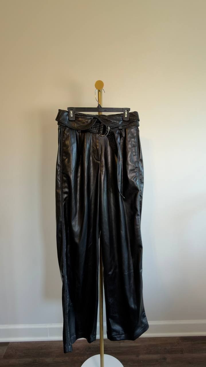 BOSS Faux Leather Straight-Leg Belted Pants Black 6 NWT $149