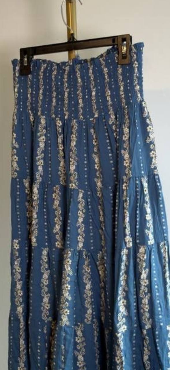 Nostalgia Smocked Waist Tiered Maxi Skirt Blue M NWT $56