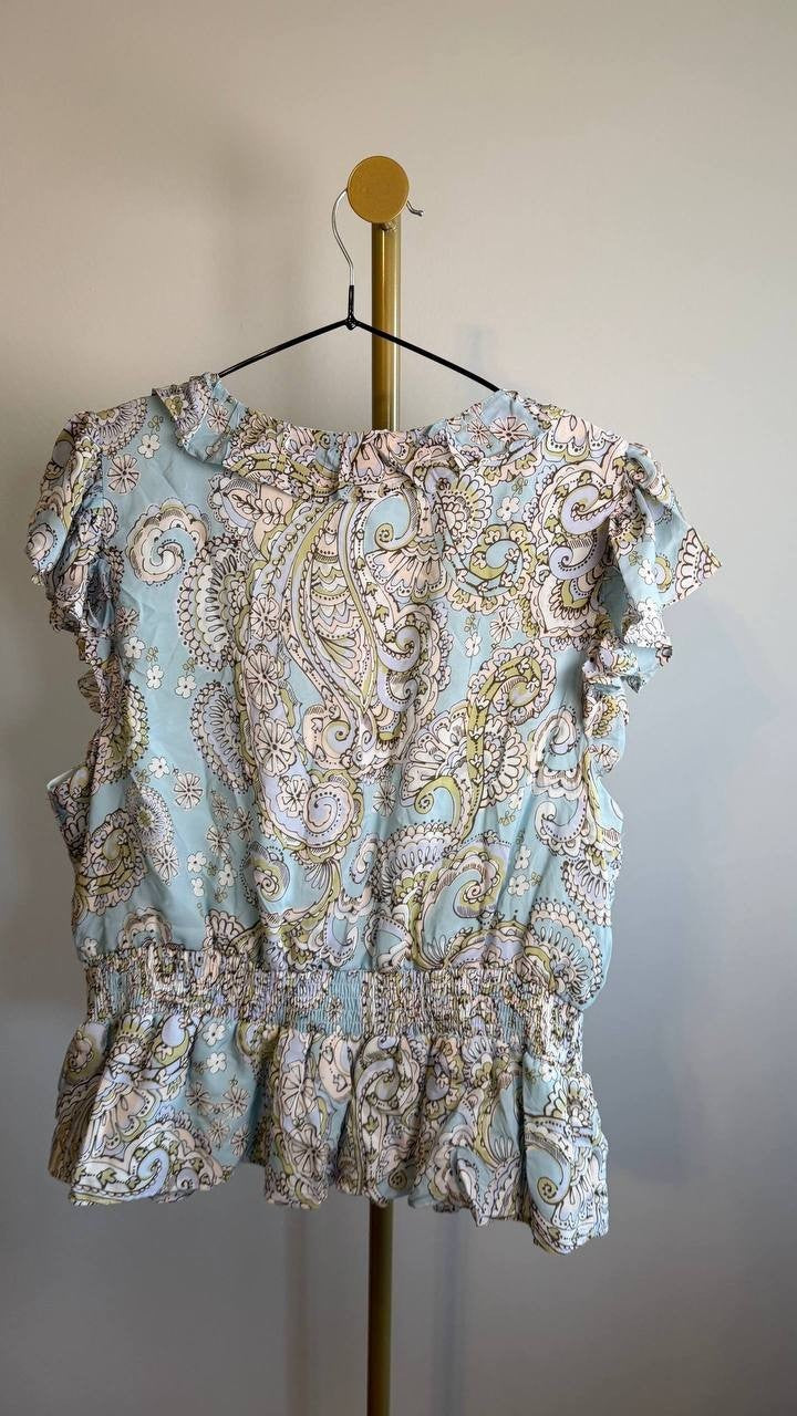 Parker Women’s The Margot Paisley‑Print Ruffled Top Blue Multi L $99 NWT