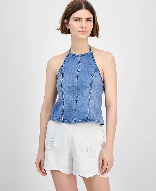 And Now This Seamed-Front Halter Denim Top – Size XL