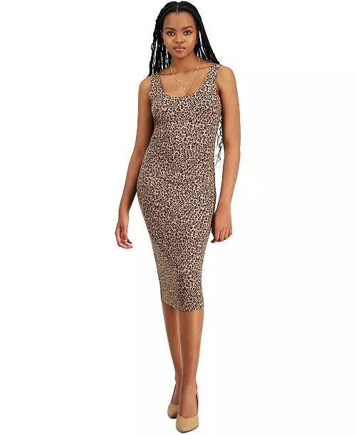 Bar III Petite Leopard Print Bodycon Midi Dress, Sleeveless, Scoop Neck