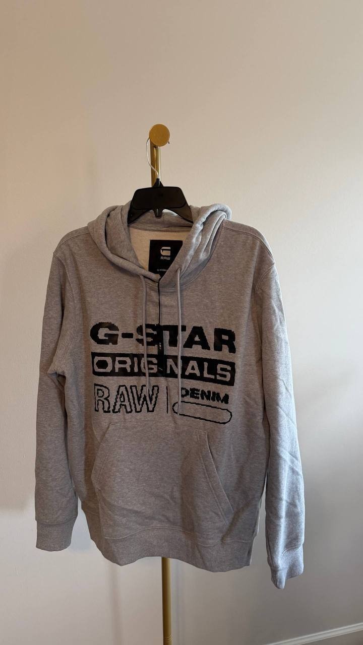 G‑Star RAW Men’s Distressed Originals Logo Fleece Hoodie Grey L $140 NWT