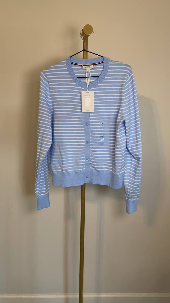 Tommy Hilfiger Crewneck Cardigan Blue/Ecru M NWT $74.50