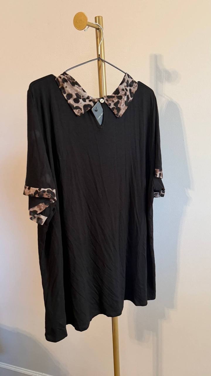 Coin 1804 Women’s Leopard Trim Mesh Collar Top Black 3X $34 NWT