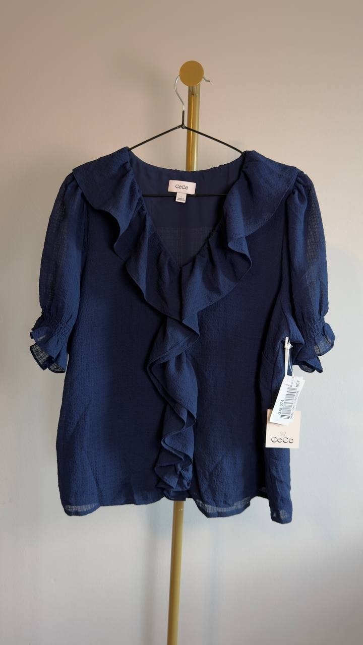 CeCe Ruffle Bubble Crepe Top L Classic Navy NWT $79