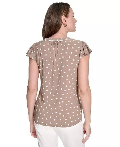 Tommy Hilfiger Women’s  Dot Print Split-Neck Flutter-Sleeve Top M $59 NWT