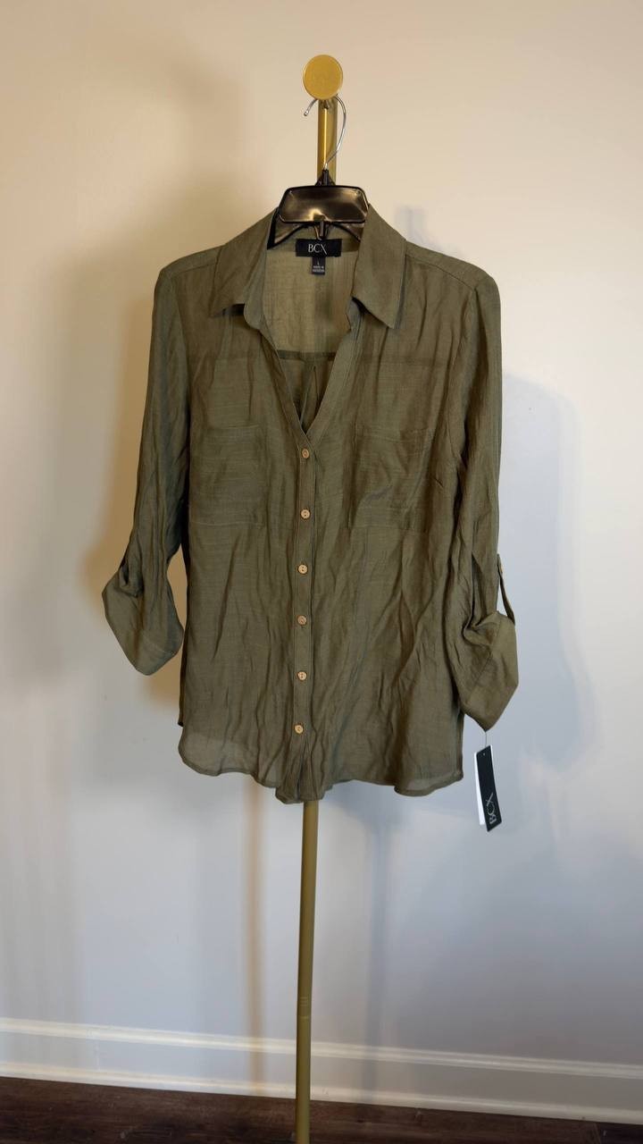 BCX Texture Gauze Collared Button‑Front Top Olive L NWT $39