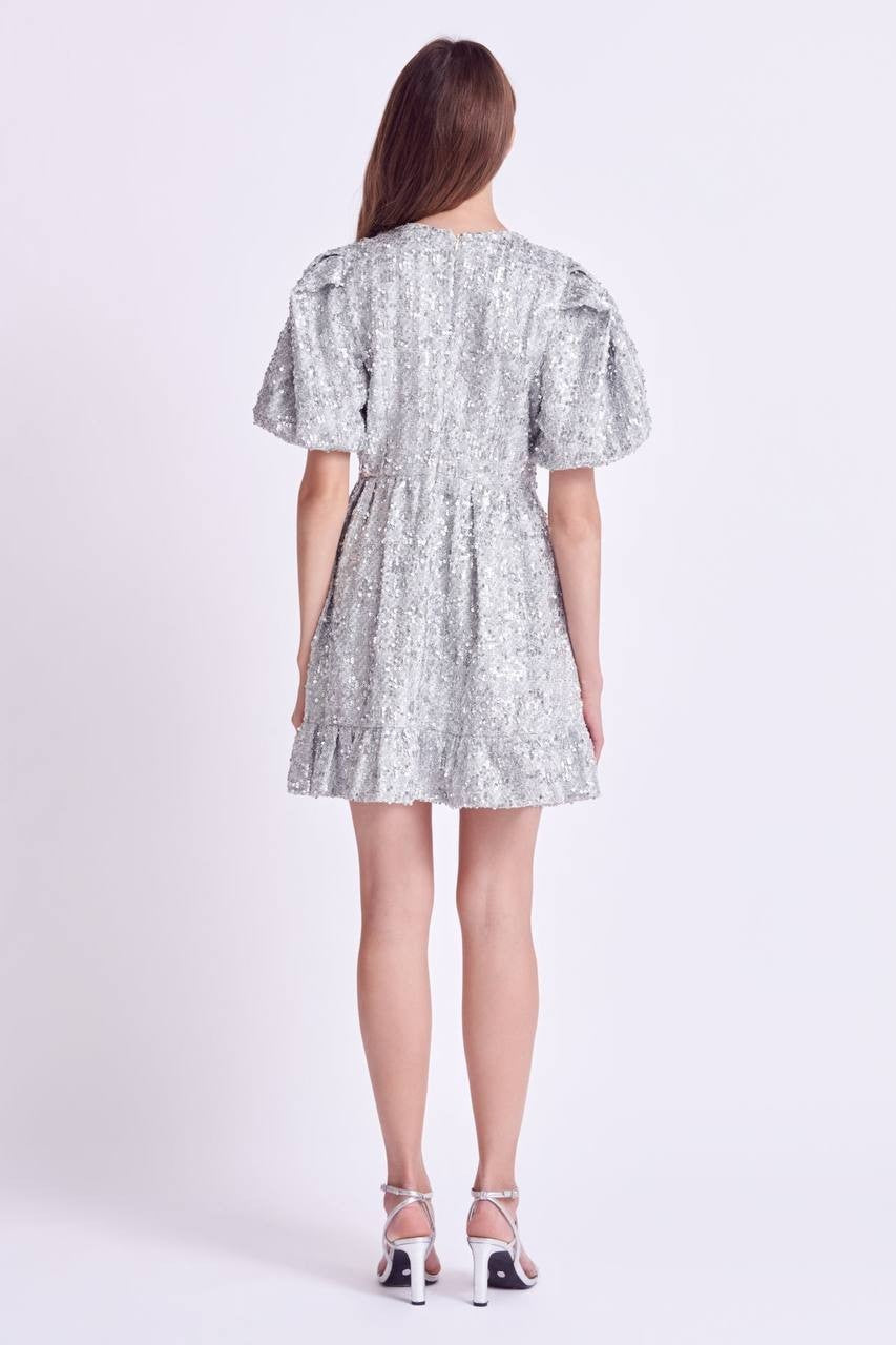 Sequin Tweed Tiered Mini Dress Silver Size M New No Tags – Party Chic