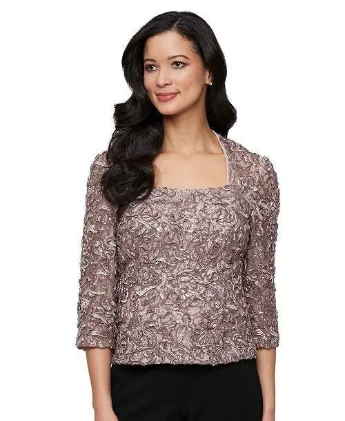 Alex Evenings Petite Lace Square‑Neck 3/4‑Sleeve Top Mink M NWT $139