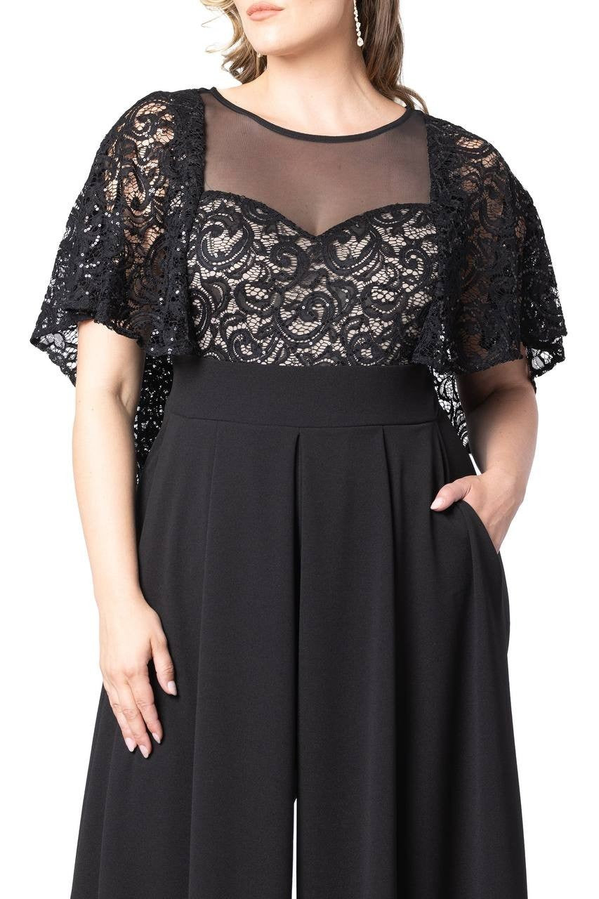 Kiyonna Plus Size Alluring Sequins Lace Formal Jumpsuit Black 4X NWT $288