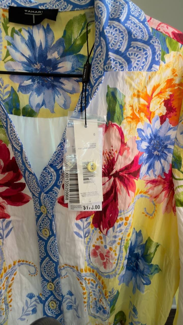 T Tahari Printed 3/4‑Sleeve Midi Shirt Dress 6 Porto Garden NWT $178