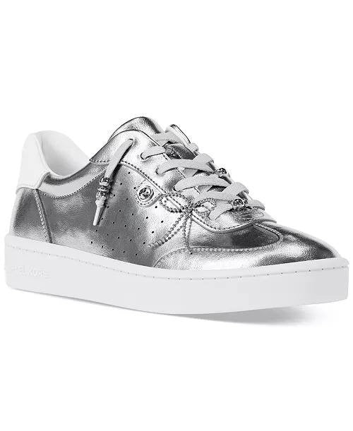 Michael Kors Scotty Lace Up Leather Sneakers Silver 8 Charms NWB MSRP $125