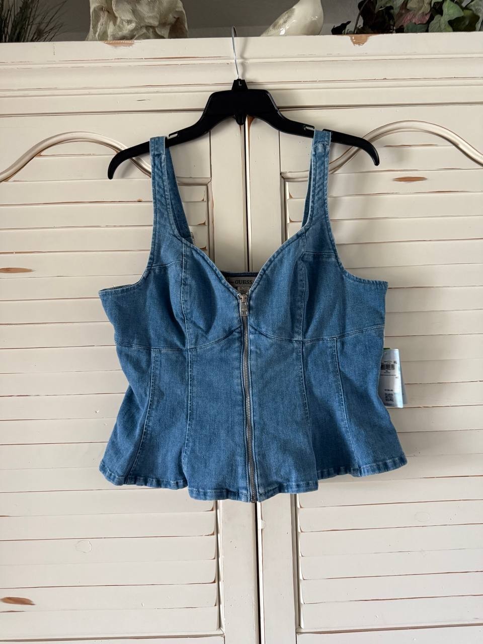 GUESS Anika Denim Peplum Top - Blue, XL, NWT, Sweetheart Neck, Front Zip