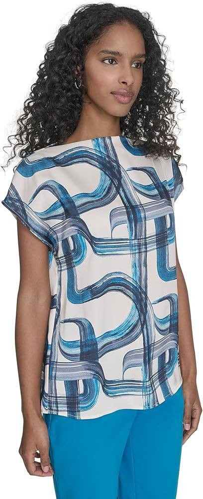 Calvin Klein Printed Sleeveless Pleat‑Neck Cami Top Blue M NWT $49