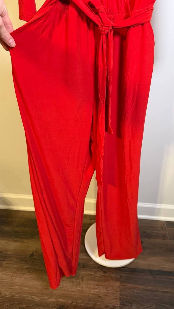 NY Collection Women’s 3/4 Sleeve Belted Jumpsuit Barbados Red PM $66 NWT