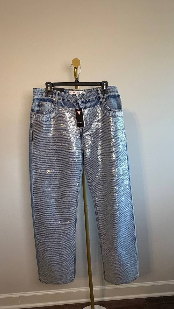 Guess Jill Sequin-Front Boyfriend Jeans Blue Glam 30x30 NWT $248