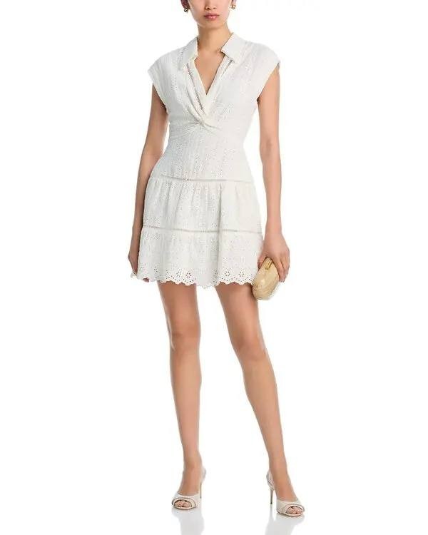 Alice + Olivia Mila Eyelet Deep V-Neck Mini Dress Off White Size 4 NWT