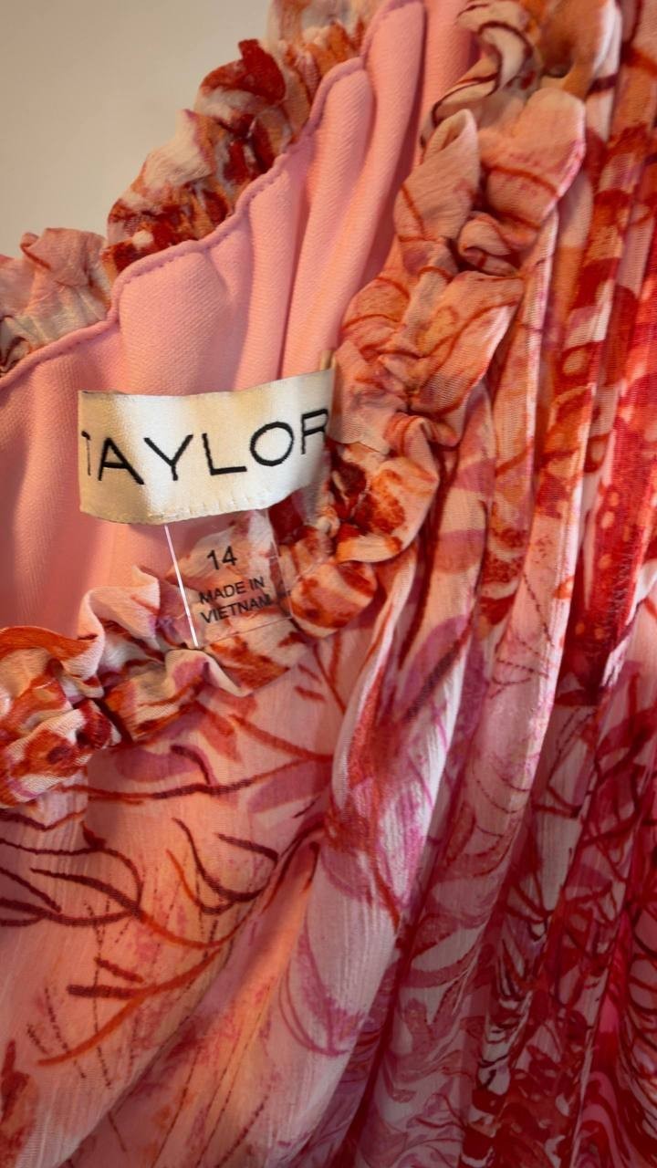 Taylor Ruffled One‑Shoulder Chiffon Maxi Dress Red Multi 14 NWOT $138