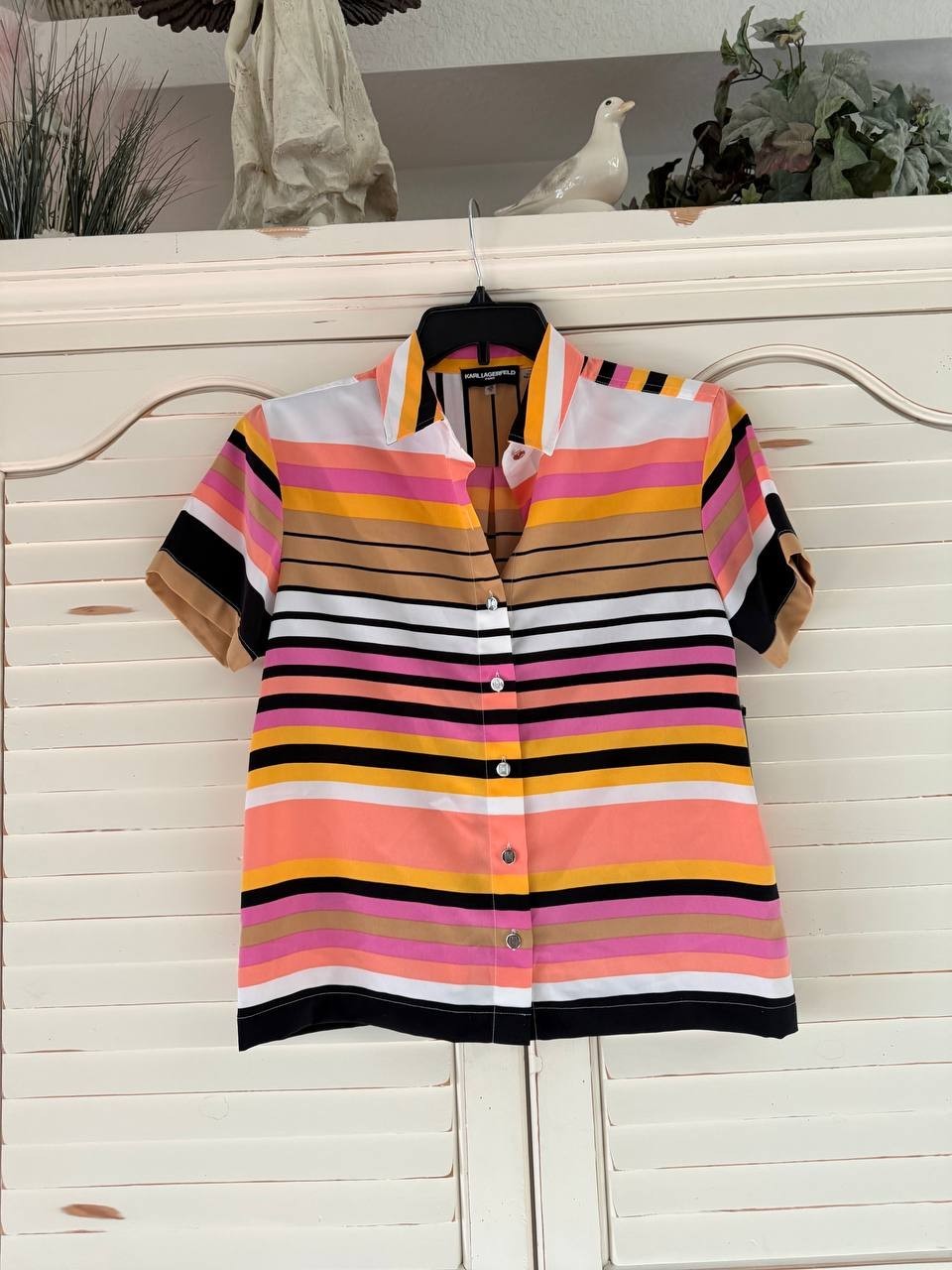 Karl Lagerfeld Shirt XS Striped Camp Collar Short Sleeve Paris Scene NWT MSRP$69