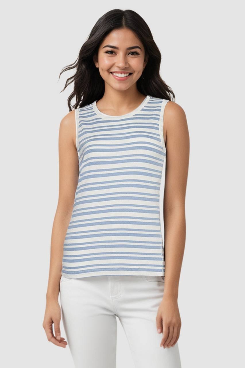 Three Dots Ribbed Crew-Neck Tank Top - Faded Denim Stripe, Size M, NWT
