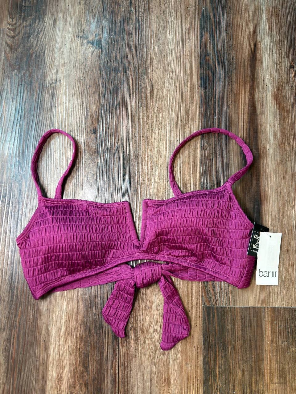 Bar III Pucker Up V-Wire Bralette Bikini Top Burgundy L NWT $34