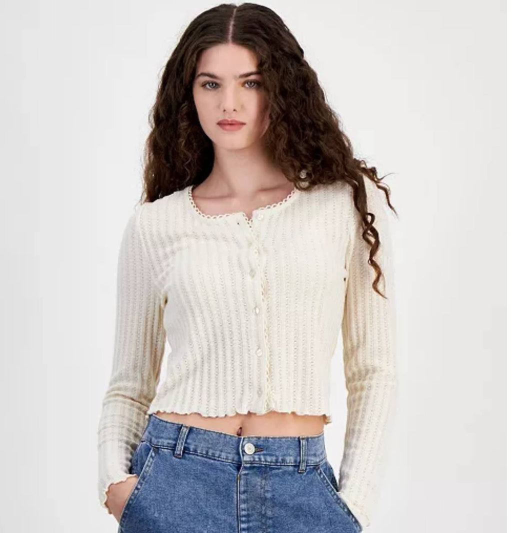 Celebrity Pink Cropped Cardigan - Button Front, Lettuce Trim Knit Sweater