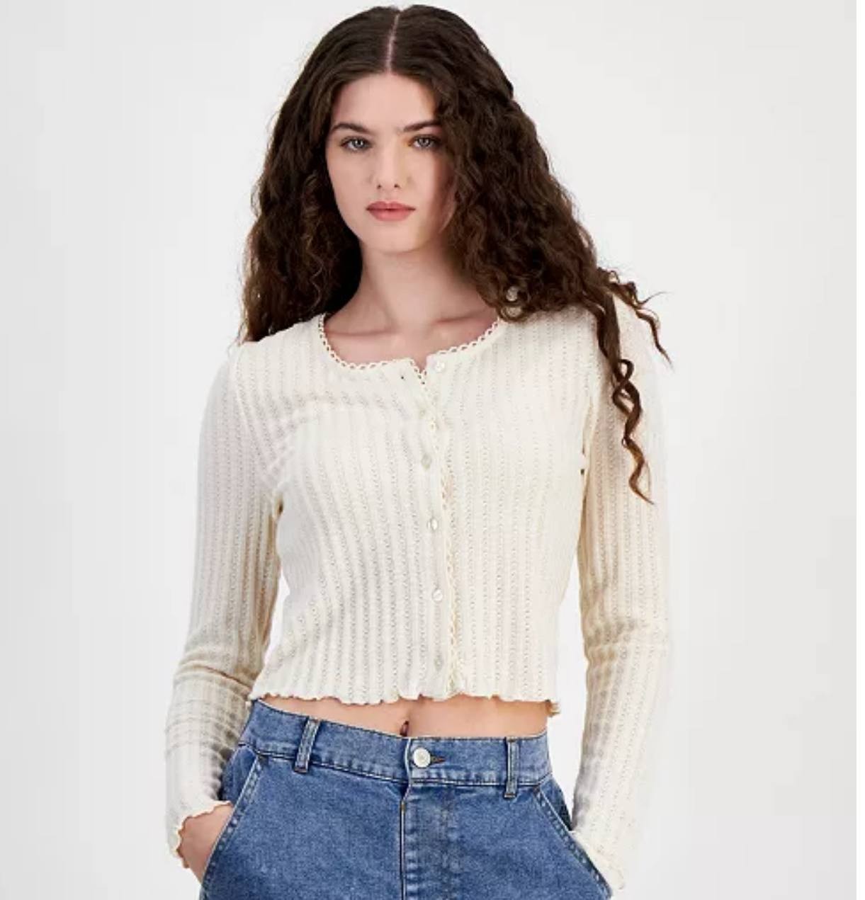 Celebrity Pink Cropped Cardigan - Button Front, Lettuce Trim Knit Sweater