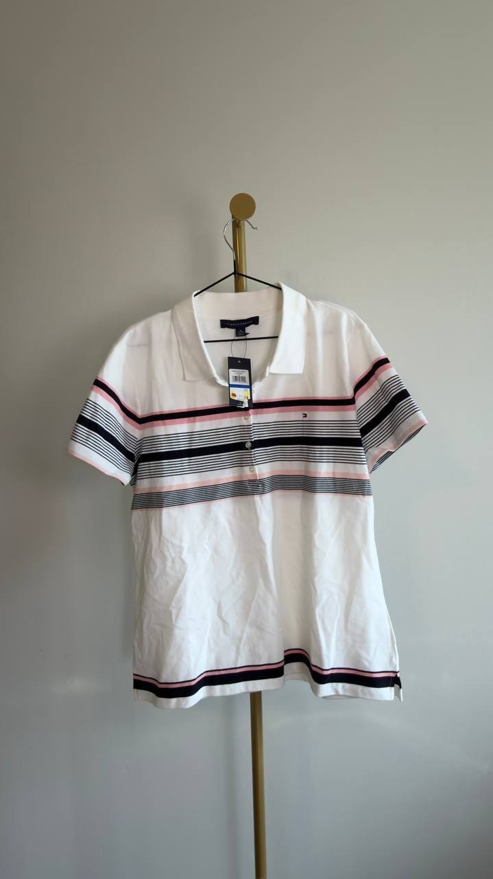 Tommy Hilfiger Women’s Woven Stripe Polo Shirt White XL NWT $64.50