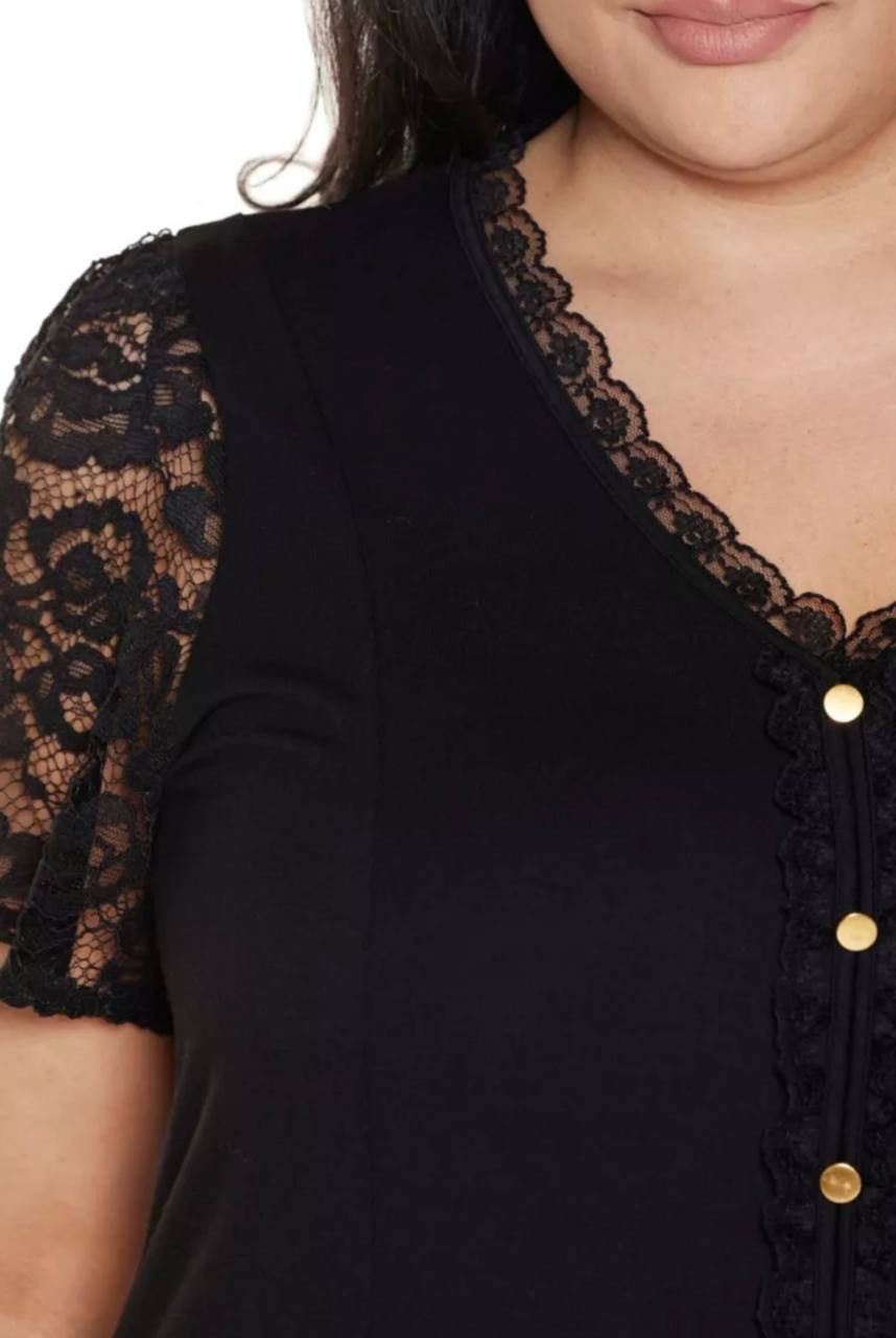 Belldini Plus Size Crochet Lace Sleeve V‑Neck Top Black 1X NWT $59