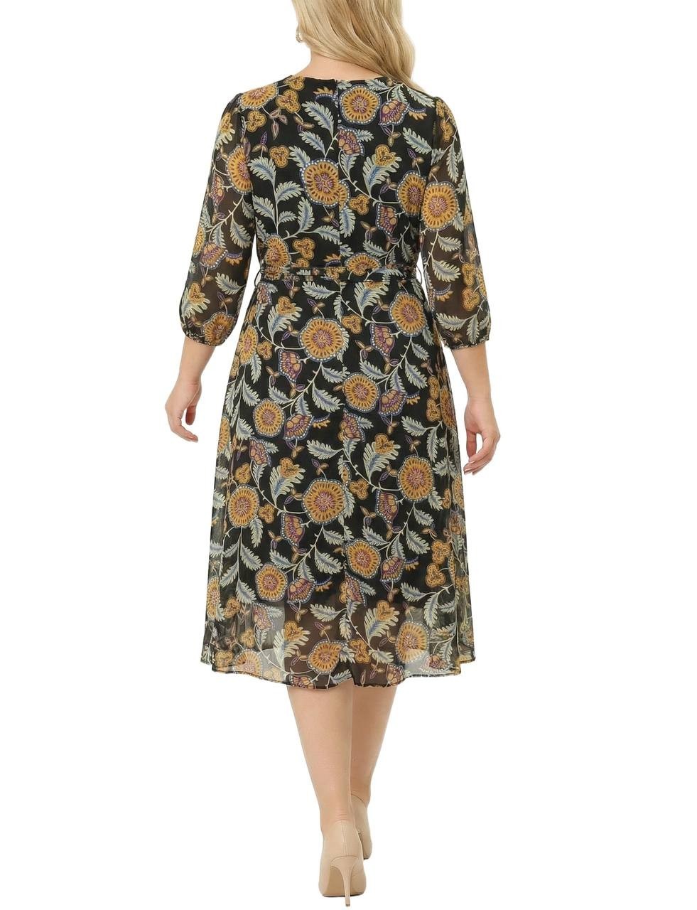 NY Collection Plus V-Neck  Belted Chiffon Dress Black Flowers 1X NWT $45,99