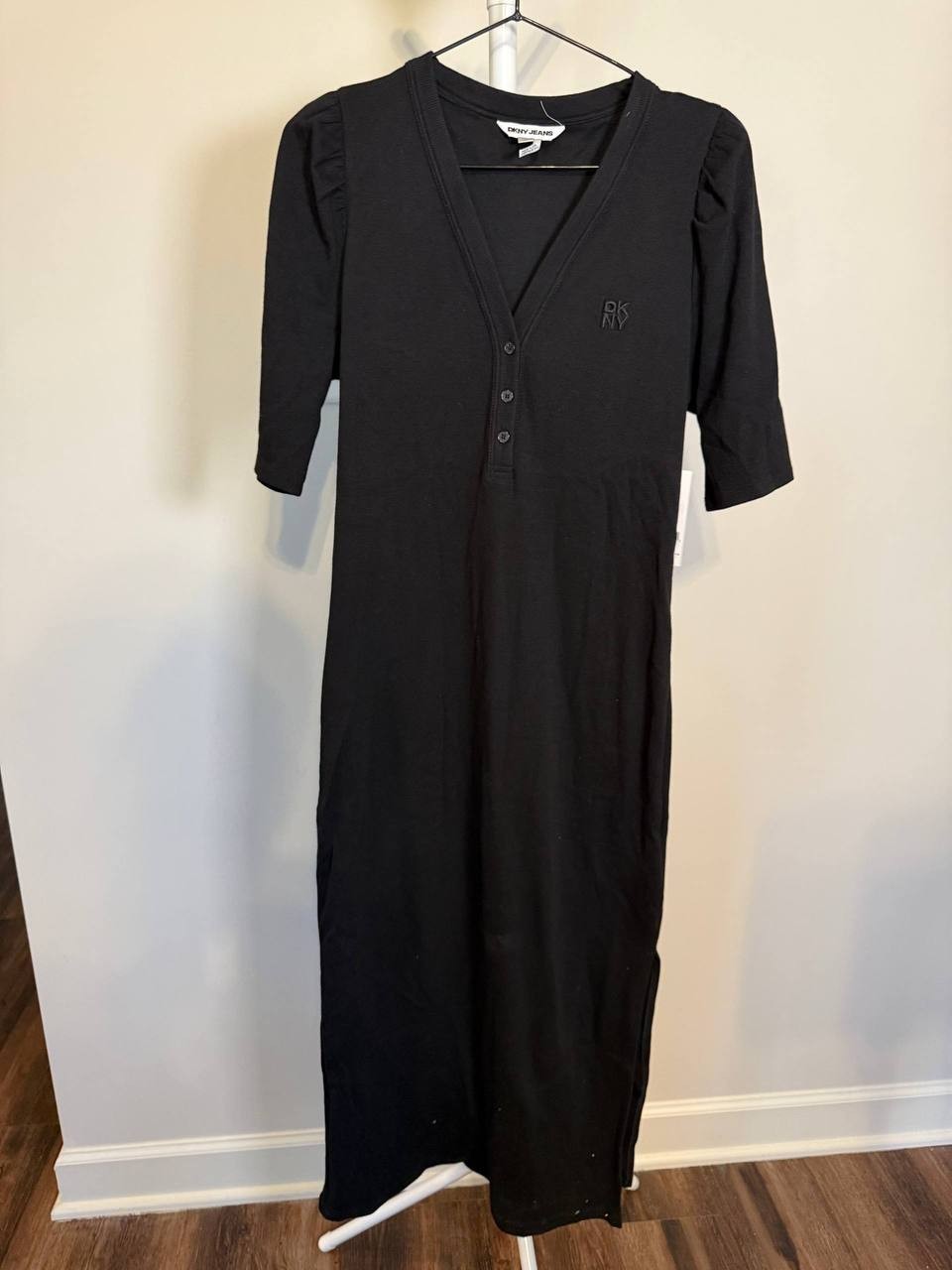 DKNY Puff‑Sleeve Henley Midi Dress- Black – Size XL – NWT – MSRP$79